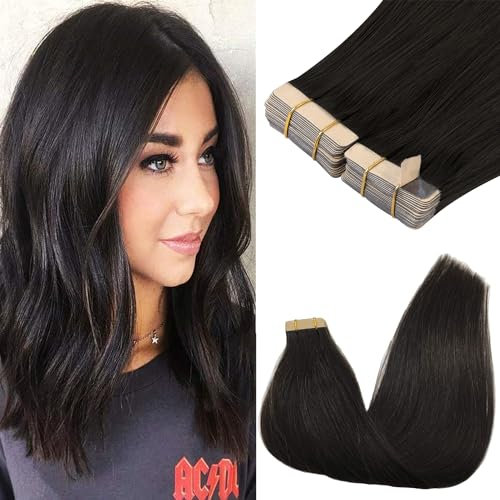 GOO GOO Tape in Extensions Echthaar, Tape Extensions Echthaar, 50cm 100g 40pcs, Extensions Echthaar, Haarverlängerung Echthaar, 1B Schwarz