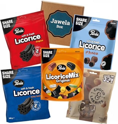 Panda Lakritz Probierset mit 5 Beuteln verschiedener Sorten - Über 2kg Panda Lakrits Mix Probierpaket - Jawela Box - Liquorice Mix