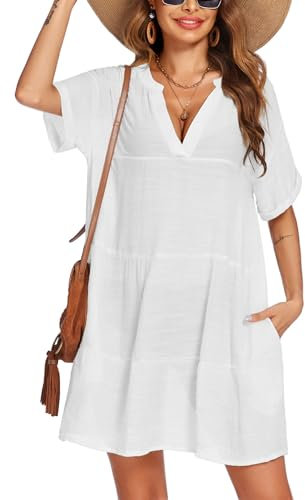 AI'MAGE Mujer Corto Traje de Playa para Mujer Vestidos de Cuello en V Verano Casual Bikini Cover Up para Piscina Playa Vacaciones,Blanco,L