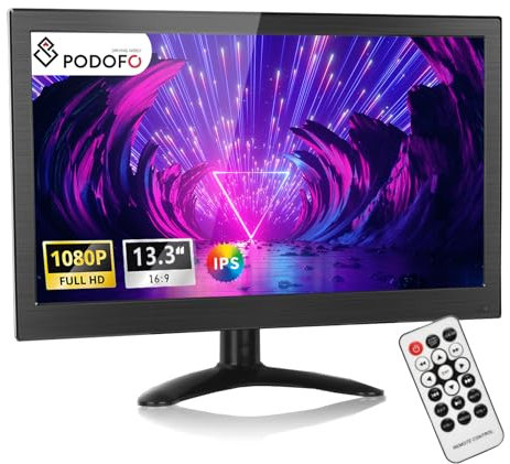 podofo 13.3 Pulgadas IPS Monitor Full HD 1080P, Monitor Potable para Ordenador/Vigilancia/Cámara Trasera, con HDMI/VGA/AVI/BNC/USB Entrada, Monitor HDMI para Juego, 12-24V