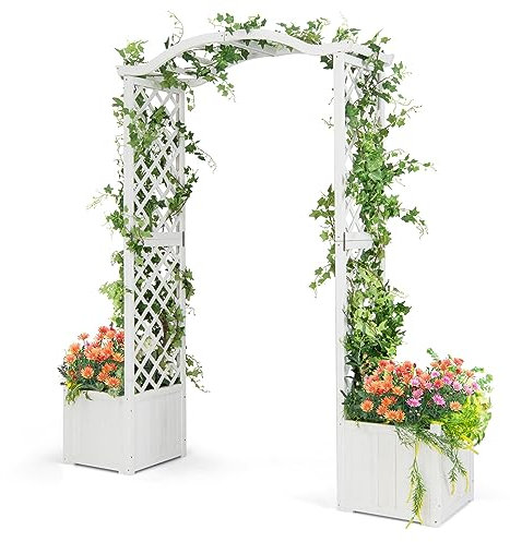 RELAX4LIFE Rosenbogen mit 2 Pflanzkasten, Garten Pergola aus Massivholz, Torbogen mit Gartenspalier für Kletterpflanzen & Korbpflanzen, Rankhilfe mit Blumenkasten, 183 x 42 x 200cm, Weiß