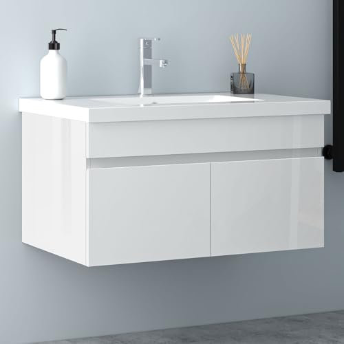 Biubiubath Badezimmer Badmöbel 80cm Mineralguss Waschtisch mit Unterschrank Hängeschrank Hochglanz Weiß Badezimmerschränke Badschrank mit 2 Soft-Close Türen