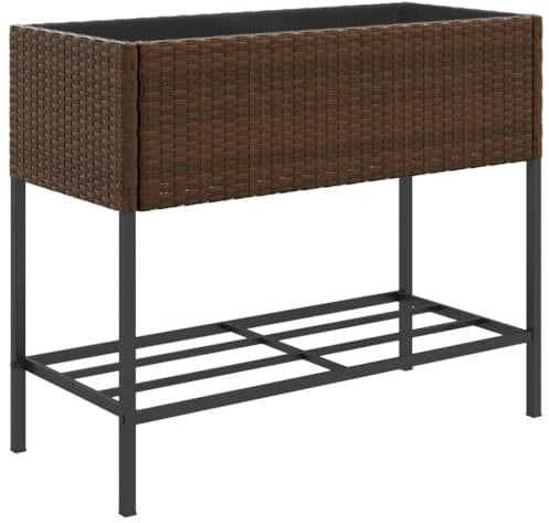 vidaXL Jardinière avec étagère Marron résine tressée, jardinière d'extérieur, bac à Fleurs, bac à tomates, jardinière de terrasse