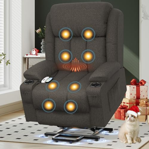 YONISEE Lift Chair Recliners for Elderly, Recliner Chair with Massage & Heat, Extended Footrest, Riser Reclining Chair with Type C+USB, 2 Cup Holders & 4 Side Pockets, 2 Hidden Armrest Storage