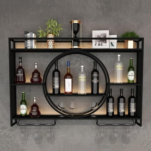 Porte-Bouteilles Muraux Industriels Avec Porte-Verre,Casier À Vin En Métal,Porte-Verre À Vin Suspendu Mural Pour Bar Boissons,Étagères Polyvalentes.(Size:140x15x80cm/55x6x31in,Color:Noir)