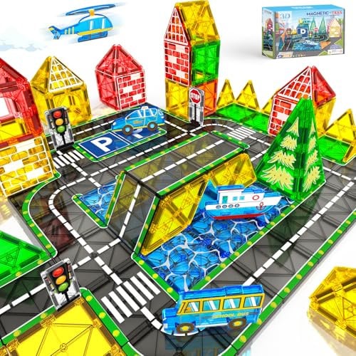 Magnetic Tiles City Road Set Kids Toys Age 3+, Magnetic Building Blocks with Cars Toys Construction Educational Magnets Tiles Gifts for Toddlers