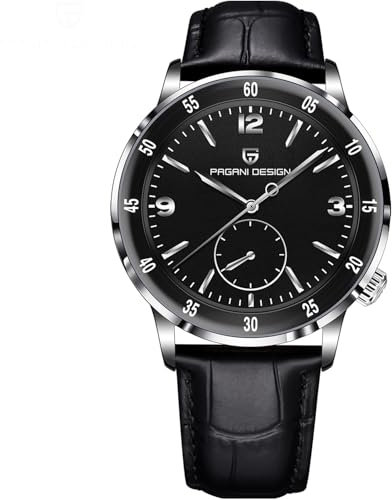 Pagani Design Herrenuhr Mechanisches Uhrwerk Lederarmband Mode Business Edelstahl 42 MM Sportuhr 100 M Wasserdicht (Silber Schwarz)