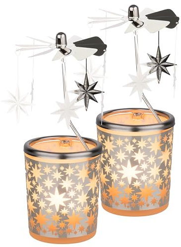 2er Set WEIHNACHTLICHES WINDLICHT/TEELICHT ZUR ADVENTSZEIT aus Glas mit KARUSSELL [Motiv Sterne] Höhe 15 cm – Dekoratives Teelicht zur Weihnachtszeit inkl. Teelichter