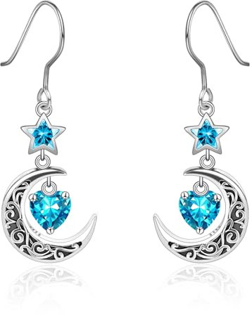 Qings Orecchini Luna con Pendenti Dicembre Tanzanite Argento 925 Orecchini Stella e Luna crescente Celtica con Pietra di Nascita di Cuore per Donne