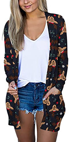 Hefiauo Cardigan a Maniche Lunghe per Le Donne Cardigan Aperto sul Davanti con Stampa Natalizia con Maglione Cardigan Leggero con spolverino Casual Maglione Primaverile (Black, L)