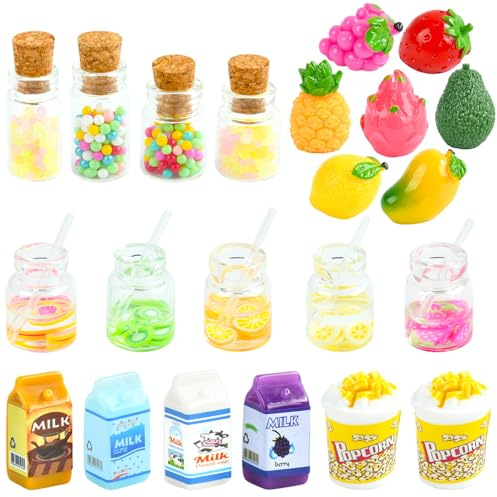 Mini Food 22 Stück Mini Essen Miniatur Lebensmittel Miniatur Essen und Trinken Wichtelzubehör Miniatur Puppenhaus Zubehör Spielzeug Obst, Getränke, Milch, Süßigkeiten, Popcorn