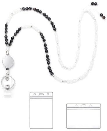 TOEECY Schlüsselband Schlüsselanhänger Ausweishalter Einziehbarer Reel JoJo Naturstein Perlenband Halskette Lanyard Ausweis Kartenhalter Ausziehbar Schlüssel (Schwarz)