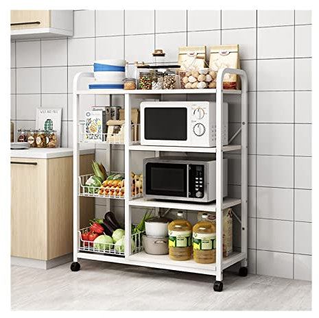 Carrito de almacenamiento giratorio de cocina con ruedas, estantes utilitarios para horno microondas y estantes de panadería, cesta de alambre, soporte de marco de metal, color blanco, mediano