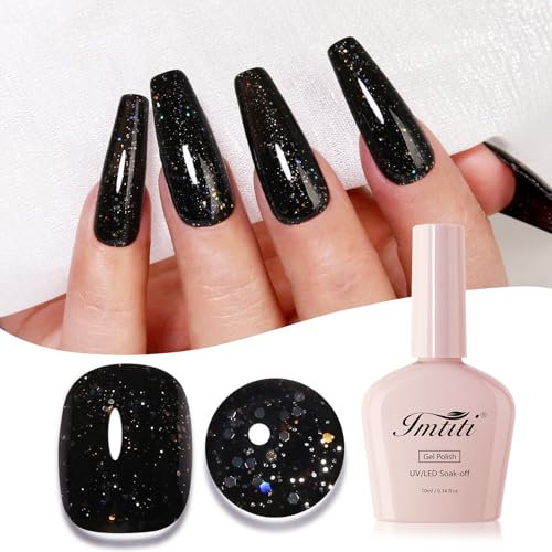 Imtiti Glitter Gel Nail Polish, Black Iridescent Glitter Gel Polish Diamond Shimmer Sparkle Soak Off UV LED Nail Gel Polish Autumn Winter Gel Polish Manicure Gel Nail Kit 10ml