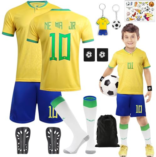 Fußball Trikot Set für Kinder, Nr.7/Nr.10 Fußballtrikot Jungen Fussball Trainingsanzug T-Shirt Shorts Socken Set mit Schienbeinschoner Schlüsselanhänger Temporäre Tattoos Football Jersey Outdoor