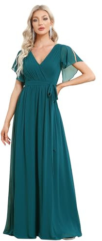 Ever-Pretty Women's Maxi Empire Waist V Neck Short Sleeve Floor Length Chiffon Evening Long Dresses Teal 14UK