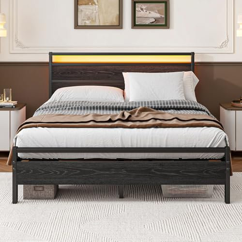 HOJINLINERO King Size Bed Frame with Headboard & LED Lights,Metal Bed Frame King size Bed Base/Mattress Foundation/UnderBed Storage/Strong Steel Slats/Easy Assembly,Black 150x200