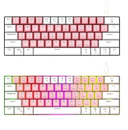 Besttoolifes Tastiera meccanica da gioco compatta al 60% con interruttori blu, retroilluminazione RGB, anti-ghosting, 68 tasti, cavo USB per PC, laptop (rosa)