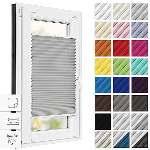 Estika Plissee zum Kleben - Hellgrau - B110 x H120 cm - Selbstklebende Montage am Fensterrahmen, Rollos für Fenster ohne Bohren, Jalousien Fenster innen, einfache Montage