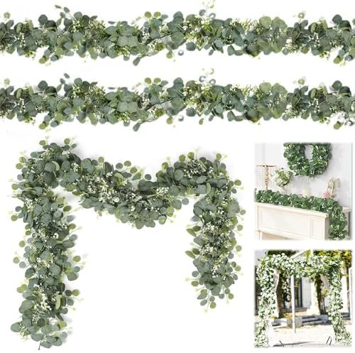 PLLYPE 2 Stück Eukalyptus Girlande, 1.8m Eukalyptus Deko, Künstliche Girlande Pflanze, Silberdollar Eukalyptusranke, für Hochzeit, Tischdeko, Indoor Outdoor Dekoration