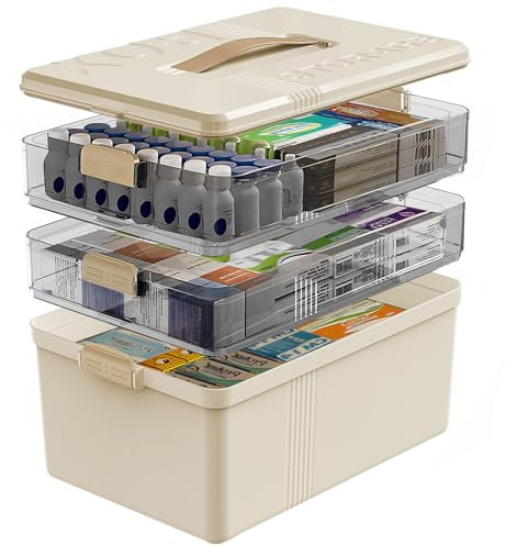Gifhomfix 3-stöckige Medikamenten Aufbewahrung Große Kapazität Medikamenten Organizer mit Griff, Kunststoff Hausapotheke Box leer Mehrzweck-Medikamentenbox Groß mit Abnehmbaren Tablett, Gelb