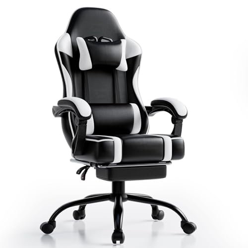 HOTOSYCH Sillas Gaming con Reposapies, Silla Gamer Adulto con Respaldo Lumbar, Silla Escritorio Gaming Ajustable en Altura, Silla Ordenador en Piel Sintética (Cojín Plano, Blanco)
