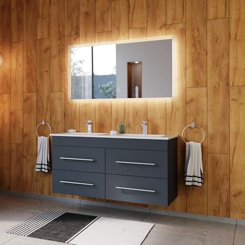 Lomadox Badezimmermöbel Badmöbel Set 2-teilig, Doppel-Waschtisch Waschplatz 120cm breit mit Doppel-Waschbecken, Softclose Schubladen und LED Spiegel, in grau