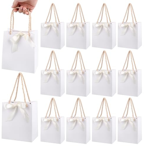 AHANDMAKER 12 Stück Kleine Geschenktüten Mit Griffen 5.1x3.1x5.9(1) cm Weiße Geschenkpapiertüten Mit Schleife Für Hochzeit Braut Geburtstag Einweihungsparty Weihnachtsfeier