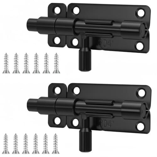 VINATO Cerrojo de Puerta, 4 Pulgadas Cerrojo de Seguridad para Puerta Interior y Exterior, Pestillo de Seguridad Sin Agujeros, Slide Lock de Acero Inoxidable 304 para Casa, Armarios, Ventanas, Negro