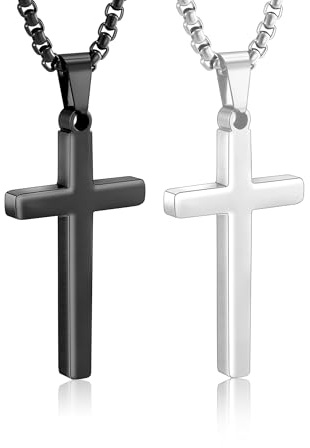 Esrael 2Pcs 316L Stainless Steel Silver/Black Cross Chain Necklaces for Men Women,Sturdy Non-Fading Christian Confirmation Baptism Cross Chain Jewellery Gifts