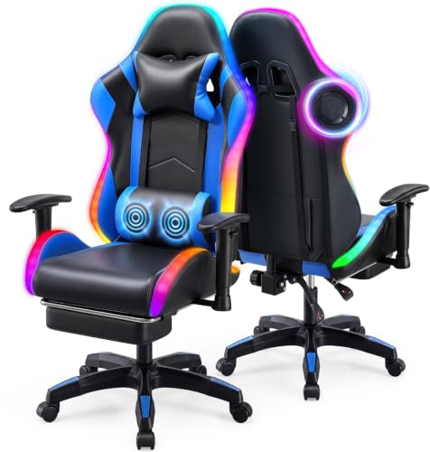 Warmiehomy RGB Gaming Chair with LED Lights and Bluetooth Speakers, Ergonomic Reclining Gaming Chair for Adults with Footrest,Video Game Chair with Adjustable 2D Armrests and Massage, High Back, Blue