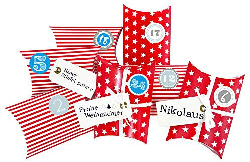 Frau WUNDERVoll® DIY Adventskalender zum Befüllen Christkind: Set 178, Kissenschachteln 15x11x4,5cm rot Sterne und Streifen, Ziffern blau