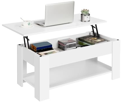 Yaheetech Tavolino da Caffè sollevabile Tavolo Moderno Elevabile da Salotto Divano Caffè con Ripiano Inferiore 98 x 50 x 42-56 cm Bianco