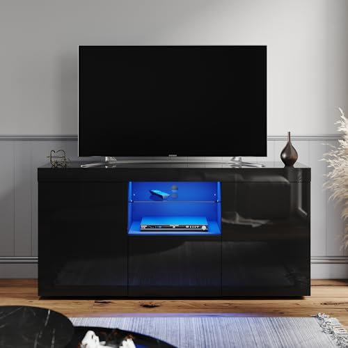 ELEGANT 1350mm Modern High gloss TV Stand Cabinet with Ambient Light for 22-58 Flat Screen 4k TVs/LED Light TV Cabinet with Shelves and Drawers for Living Room and Bedroom Black