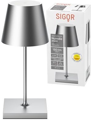 SIGOR Nuindie mini - Dimmbare kleine LED Akku-Tischlampe Indoor & Outdoor, Höhe 25 cm, aufladbar mit Easy Connect, 12 h Leuchtdauer, silberfarben