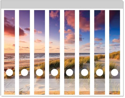 Wallario Ordnerrücken Sticker Abendspaziergang am Strand - Sonnenuntergang über dem Meer - Größe 8 Stück, Rückenschilder für 8 schmale Ordner, Klebeetiketten
