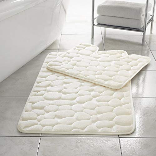 KOLLACHE Memory Foam Pebble Bath Mat Set 2 Pieces Non Slip Pedestal and Bath Mat Set Toilet Bathroom Rug COLOUR: Cream