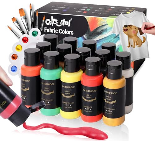 Colorful Kit de peinture pour tissu pour vêtements, avec 6 pinceaux, 1 palette, 14 couleurs permanentes pour enfants, sans danger pour les enfants, kit de peinture acrylique non toxique pour t-shirts,