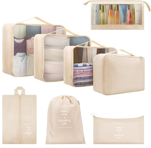 Koffer Organizer Reise Kleidertaschen, 8 Teilige Kofferorganizer Packtaschen Set, Packing Cubes Kleidertaschen Schuhbeutel Reiseorganizer für Kleidung Schuhe Unterwäsche Kosmetik, Beige