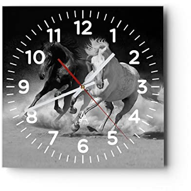 Modern Wanduhr Andalusier Pferde Galopp 40x40cm Quadrat Groß Wand Uhr Glas Analog Zimmeruhren Küche Büro Wohnzimmer Glasuhr Wall Clock Dekoration Design Wanddekoration Küchenuhr C4AC40x40-4240