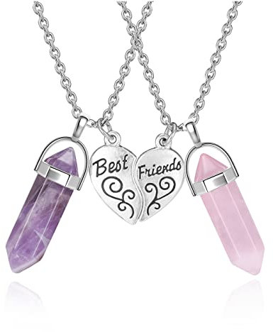 PESOENTH BFF Necklace for 2 - Matching Heart Best Friends Crystal Pendant Necklaces Friendship Jewelry Set for Girls Women, amethyst rose quartz crystal stone