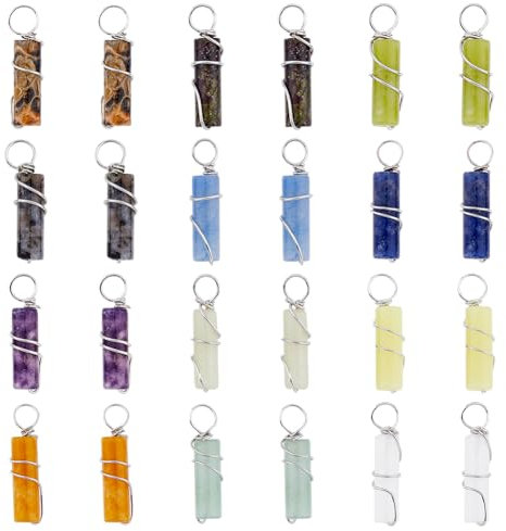 SUPERFINDINGS 24pcs 12 Colors Natural Gemstone Pendants Brass Wire Wrapped Colorful Column Jewelry Stone Clear Crystals Charm Bulk for Earring Bracelet DIY Jewelry Making Hole 2.4-2.7mm