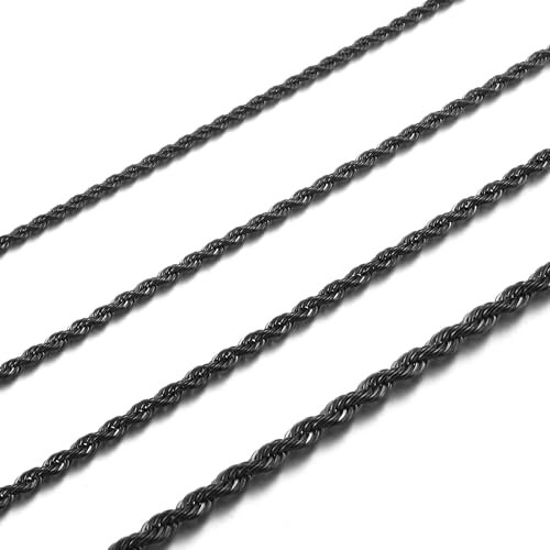 RWQIAN Kordelkette Herren Schwarz Kette Edelstahl verdrehte kette 3mm Damen Halskette 50CM