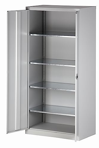 BISLEY Universal Flügeltürenschrank abschließbar - Stahlschrank mit 3-Punkt-Schloss, Tiefe: 50 cm - Werkstattschrank aus Metall mit 4 verzinkten Fachböden für 5 Reihen - Farbe: lichtgrau/Kardinalrot