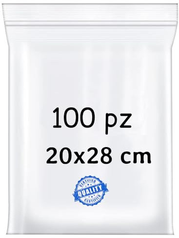 BUY SAFE - Sacchetti Plastica Richiudibili, Sacchetti Ermetici per Alimenti, Vestiti e Oggetti con Chiusura a Cerniera, Buste Trasparenti Richiudibili Resistenti e Riutilizzabili, 20x28-100 Pz