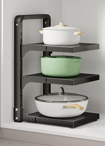 LNGFSH Pots and Pans Organiser Rack Adjustable Saucepan & Lid Storage Rack Carbon Steel for Cupboard, Cabinet or Kitchen Counter Holds Heavy-Duty Pots, Cast-Iron Pans (Black,3 Tier)
