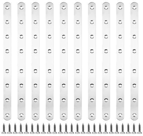Bhina 10 Stücke Flachverbinder Edelstahl 293x19mm Holzverbinder Flachverbinder Lochplatte 3mm Dick Metallverbinder Flach Flacher Holzverbinder mit 80 Schrauben für Möbel Schränke Regale