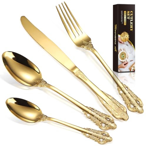 BILLION DUO Royal Golden Cutlery Set, 24 Piece Silverware Set Flatware Set for 6 People, Palace Style Mirror Polished Dishwasher Safe Knife Fork Spoon Cutlery for Home Banquet Catering