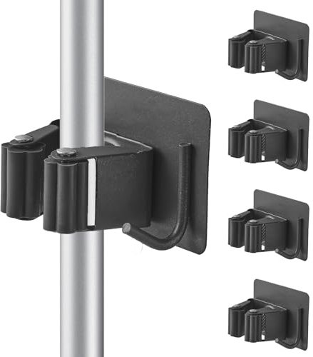 Cokshy Mop Broom Holder, 4 Pcs Stainless Steel Broom Holder Self Adhesive with Hook, Heavy Duty Garden Tool Organizer Rack Wall Mount for Kitchen Bathroom Closet Garden Garage - Dark Grey