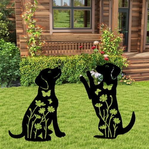 PERFECT LASER 2pcs Iron Dogs Garden Statues Silhouette Dog Dog Metal Decorations,Garden Ornament Outside Animal Yard Decor for Grassland,Outdoor Statues,Lawn Decorations,Black Lab Gifts,Metal Animal